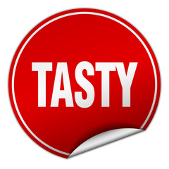 tasty round red sticker isolated on white