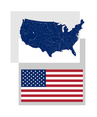 Map of the United States of America with rivers and lakes and National flag and ensign of the USA. Flag has a proper design and colors.