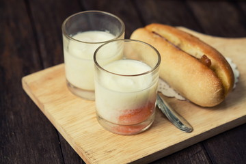 Vietnamese bread served with poached eggs and steak.