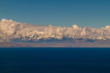 Cordillera Real mountain range behind Titicaca lake, Bolivia