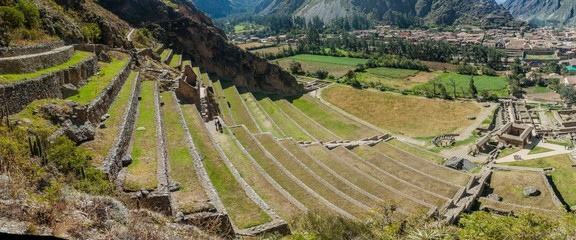 Agricultural terraces of Inca ruins of Ollantaytambo, Sacred Valley of Incas, Peru - obrazy, fototapety, plakaty
