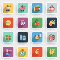 Commerce modern flat icons with color buttons on gray background