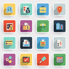 Banking modern flat icons with color buttons on gray background.