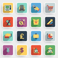 Finance modern flat icons with color buttons on gray background.