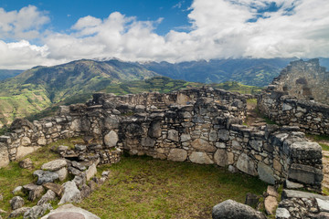Remnants of round houses in Kuelap, ruined citadel city of Chachapoyas cloud forest culture in mountains of northern Peru.