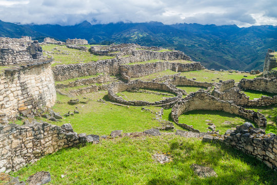 Ruins of round houses of Kuelap, ruined citadel city of Chachapoyas cloud forest culture in mountains of northern Peru.