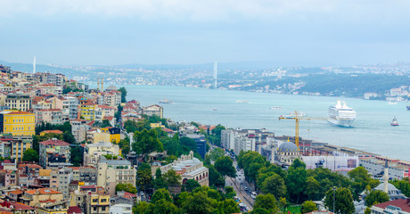 aerial view of beyoglu district, bosphorus and surrounding areas from the top of galata tower in...