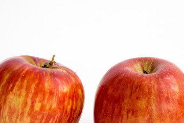 Top of two Jonathan apples against white