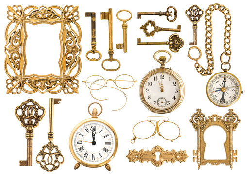 Antique golden accessories. Vintage picture frame clock key