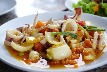 Stir fried squid with salted egg yolk