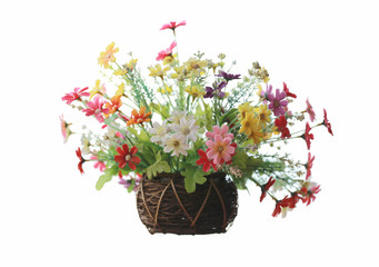 Artificial colorful flowers in jardiniere for decoration house.
