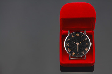 Vintage watch in red box, Gift set for someone in anniversary day, Vintage watch equipment for monitor time.