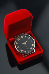 Vintage watch in red box, Gift set for someone in anniversary day, Vintage watch equipment for monitor time.