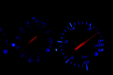Speedometer in car for measure the velocity, The equipment gauge in control area of the car, Driver...