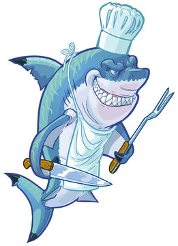 Mean Cartoon Shark Chef with Barbecue Utensils