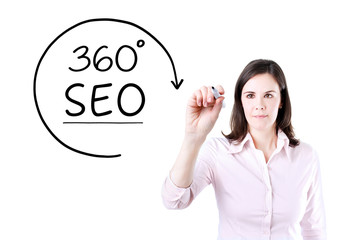 Businesswoman drawing a 360 degrees SEO concept on the virtual screen.