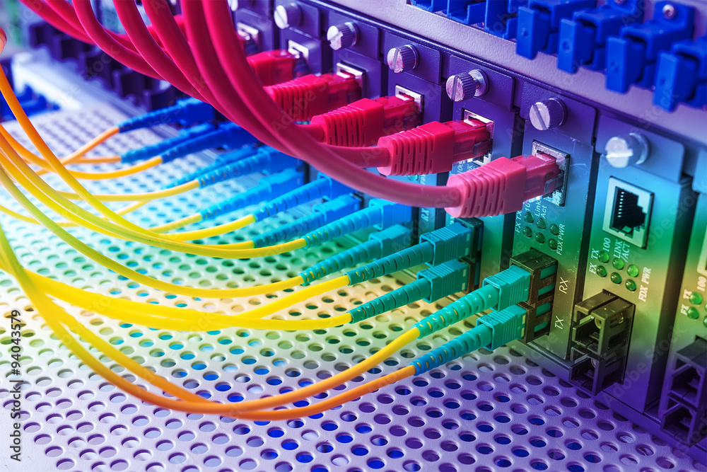 Canvas Prints Fiber Optic cables connected to an optic ports and Network cable