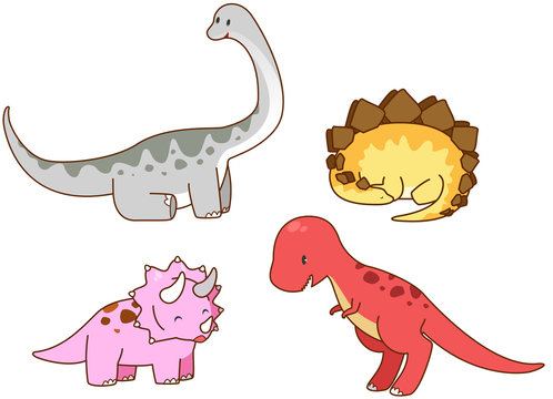 Cartoon dinosaur Triceratops, Tyrannosaurus (t-rex), Stegosaurus, brontosaurus, Diplodocus icon collection set, create by vector 