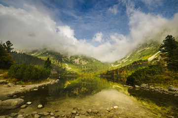  Lake Popradske pleso with mountain hotel in High Tatra, Slovaki
