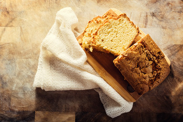 Homemade pound cake on a wooden table