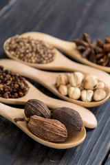 Spices and herbs in  bowls.