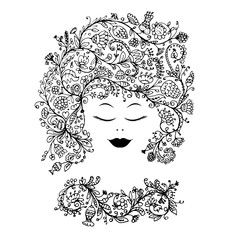 Female face with floral hairstyle for your design