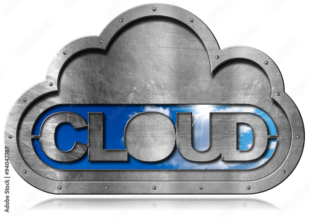 Wall mural cloud computing symbol with sky / metallic symbol in the shape of a cloud with a blue sky and clouds