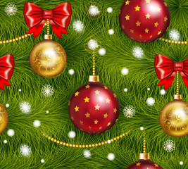 Realistic christmas tree seamless with traditional red and gold christmas ball, bow and others christmas decorations