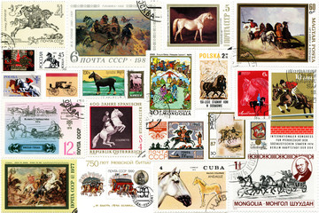 A collage of stamps from different countries on the theme of Horses