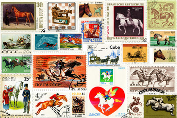 A collage of stamps from different countries on the theme of Horses