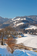Beautiful winter landscape in the region of Gruyere
