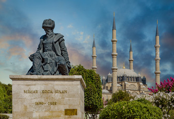 Statue of Master Ottoman Architect Sinan and his finest mosque Selimiye on the background in Edirne Turkey