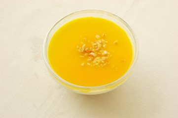 Milk pudding with mango sauce. Chinese dessert.
