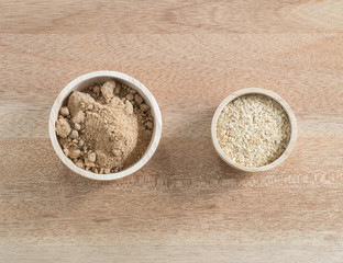  Ingredient grain, wheat germ and  Brown sugar  in wooden bowl