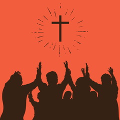 Group worship, raised hands, cross, worship, silhouettes, praise