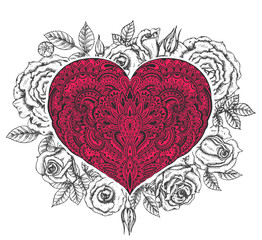 Beautiful hand drawn ornate heart in zentangle style with rose f