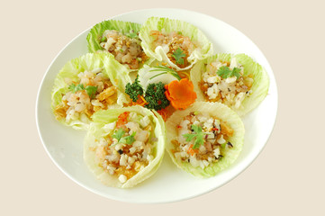 Minced shrimp with lettuce.  	chinese cuisine. yumcha, chinese food. 


