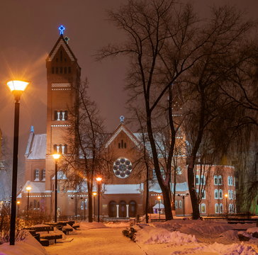 Church of Saints Simon and Helena (the Red Church) in Minsk on a winter night