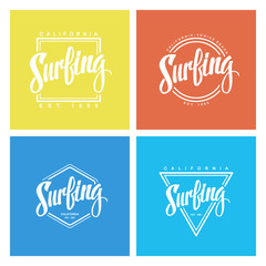 Set of surfing labels and logos. Handwritten word. Vector illustration.