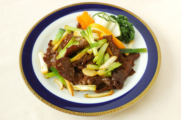 Fried beef with scallion.	chinese cuisine. yumcha, chinese food. 

