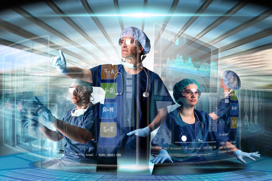 Doctor's team with screens