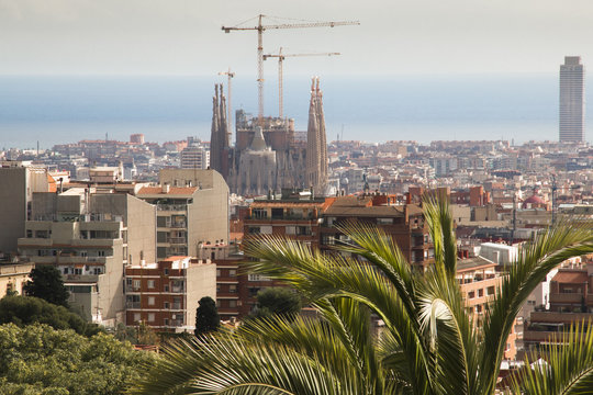 The city scape of Barcelona, seen for Gaudi's Parque Guell in Barcelona in Spain
