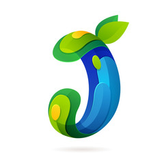 J letter volume ecology logo with leaves and water drops