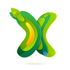 X letter volume ecology logo with leaves and water drops