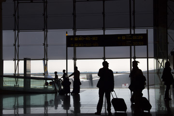 Shadows of people in the national airport of Barcelona
