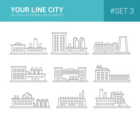 Set of line flat design buildings icons. Factories and industial