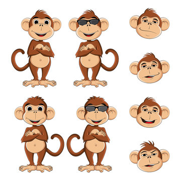Illustration of cool monkey with glasses in several different position 