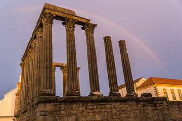 Rainbow over the Roman temple of Evora
