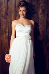 Fototapeta premium beautiful tender bride in elegant lace wedding dress