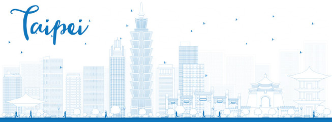 Naklejka premium Zarys panoramę Tajpej z niebieskimi punktami orientacyjnymi
